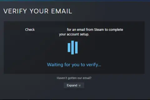 Ekran weryfikacji email na Steam. Nie ma tu opcji jak zobaczyć swoje hasło na Steam, tylko potwierdzenie konta.