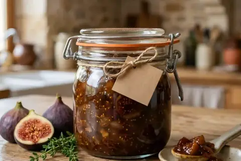 Un bocal de chutney de figues maison, avec des figues fraîches et du thym sur une table en bois.