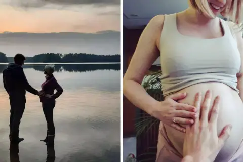 Para Justyna Kosela, data urodzenia to radosne oczekiwanie. Dwie sceny: para nad jeziorem o zachodzie słońca i zbliżenie na ciążowy brzuch.