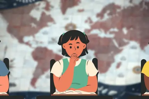 Dzieci siedzą przy biurkach na tle mapy świata, zastanawiając się nad skutkami osadzenia postaci historycznych w literaturze typu fiction.