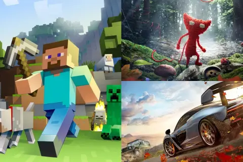 Kolaż gier: Minecraft, Unravel, Forza Horizon. Idealne xbox gry dla dzieci 5 lat i starszych.