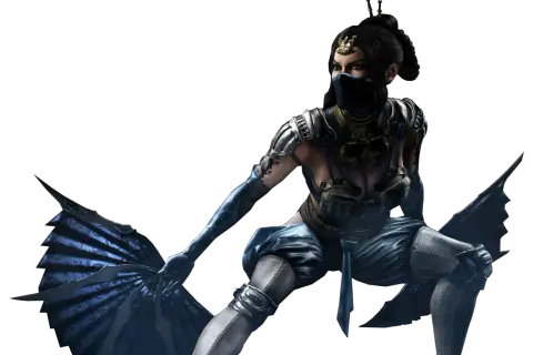 Kitana Mortal Kombat w niebieskim stroju, z maską na twarzy i wachlarzami w dłoniach, gotowa do walki.