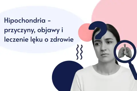 Zmartwiona kobieta z lupą badającą płuca. Tekst: Hipochondria - przyczyny, objawy i leczenie lęku o zdrowie.