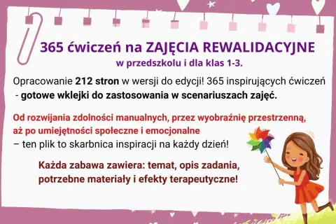 Dziewczynka z tęczowym wiatraczkiem na tle tekstu o ćwiczeniach rewalidacyjnych.