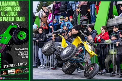 Kaskader na quadzie wykonuje ekstremalny pokaz, niczym the ultimate stuntman, dla zgromadzonej publiczności.