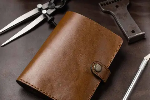 Portefeuille en cuir brun, entouré d'outils de **tannage du cuir** : compas, poinçon et scalpel.