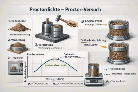 Der Proctor-Versuch zeigt, wie sich die Verdichtung von proctor boden mit dem Wassergehalt ändert. Eine lockere Probe hat niedrige Dichte, optimale Verdichtung hohe Dichte.