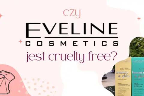Czy Eveline testuje na zwierzętach? Grafika z logo Eveline Cosmetics i pytaniem "czy jest cruelty free?", obok produkty z króliczkiem.