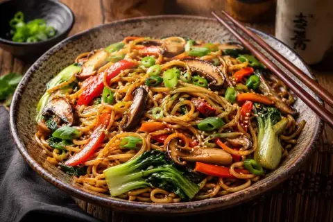 Pyszny makaron chiński z warzywami: grzybami shiitake, papryką, marchewką i pak choi, posypany szczypiorkiem i sezamem.