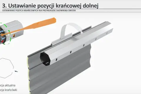 Ilustracja pokazuje mechanizm regulacji krańcowej rolety. Dowiedz się, jak naciągnąć sprężynę w rolecie, by ustawić pozycję krańcową.