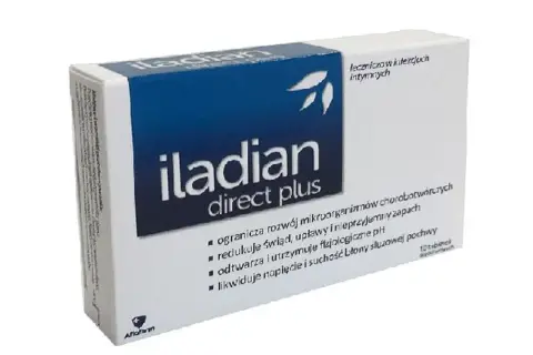 Opakowanie Iladian Direct Plus, leku na infekcje intymne. Pomaga ograniczyć rozwój mikroorganizmów, redukuje świąd i nieprzyjemny zapach.