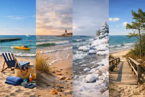 Cztery pory roku na wybrzeżu Polski: lato z leżakiem i kajakiem, jesień z latarnią morską, zima ze śniegiem i lodem, wiosna z drewnianymi schodkami na plażę.