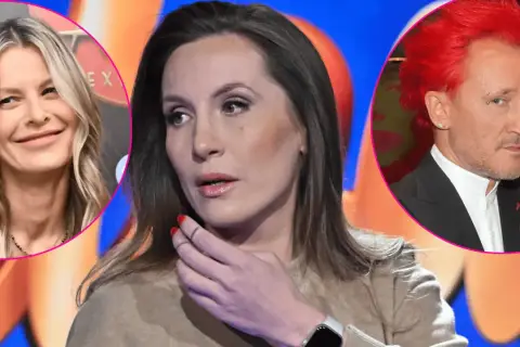 Trzy portrety: kobi z blond włosami, kobi z ciemnymi włosami i mężczyzna z czerwonymi włosami. Czy to pola wiśniewska były mąż?