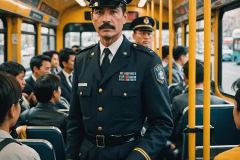 Konduktor w mundurze, pasażerowie w autobusie. Ciekawe, ile zarabia konduktor za taką pracę?