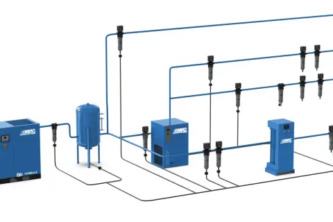 Sistema de aire comprimido ABAC con compresor, secador, depósito y filtros. Soluciones eficientes para tu industria.