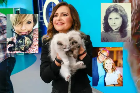 Agnieszka Gozdyra z mężem i dziećmi, w tym z kotami. Na zdjęciu jej mąż, ona sama w różnym wieku, oraz koty.
