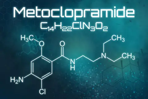 Struktura chemiczna metoklopramidu, leku stosowanego w leczeniu nudności i wymiotów.