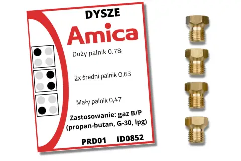 Dysze Amica do przystosowania kuchenki gazowej do gazu z butli (propan-butan, LPG). Zestaw zawiera dysze do palników o różnej wielkości.