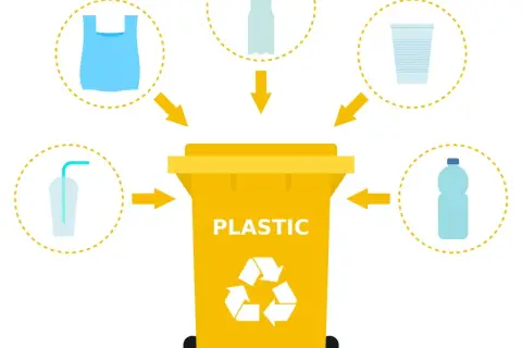 Żółty pojemnik na plastik, zgodnie z rozporządzeniem, przyjmuje torby, butelki, kubki i słomki.
