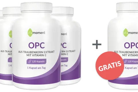 Flaschen mit OPC Traubenkernextrakt und Vitamin C. Ein Gratis-Angebot hebt die OPC Vorteile hervor.