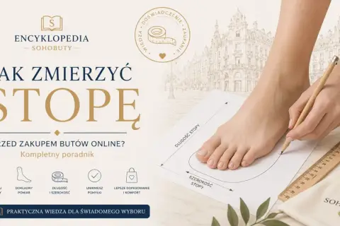 Kobieta mierzy stopę ołówkiem na papierze, by dobrać idealne buty. Poradnik "Jak zmierzyć stopę" z zaznaczoną długością i szerokością. Podeszwa buta będzie dopasowana.