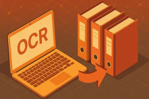 Laptop z napisem OCR obok trzech segregatorów, sugerujący cyfryzację dokumentów dzięki oprogramowaniu OCR.