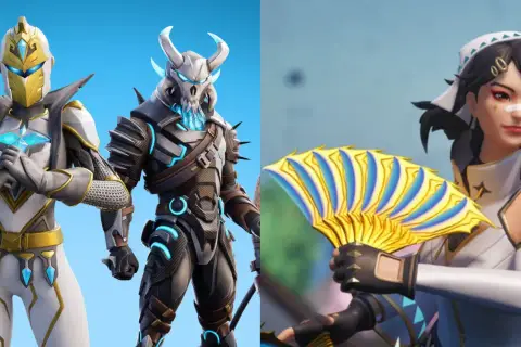 Postacie z Fortnite: rycerz w bieli i złocie, wojownik z czaszką i dziewczyna z wachlarzem. Spocone kilofy Fortnite czekają na graczy!