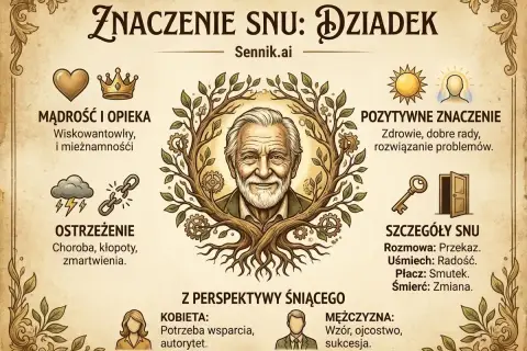 Sennik: dziadek symbolizuje mądrość, opiekę i pozytywne znaczenie snu. Ostrzega przed chorobą i kłopotami.