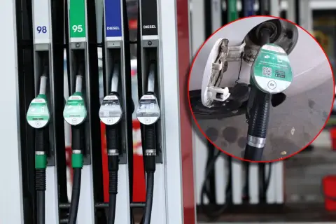 Dostępne różne rodzaje paliwa: 98, 95, Diesel. Widać też dystrybutor z oznaczeniem E5, wskazującym na liczbę oktanową.