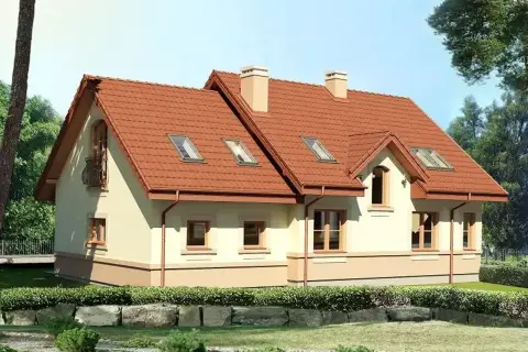 Uroczy dom Karmelita Gold 2m z czerwoną dachówką i balkonem, otoczony zielenią.