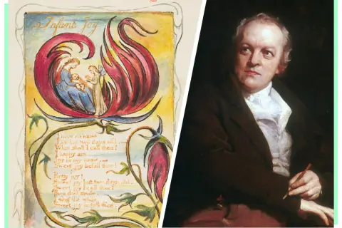 A split image: on the left, William Blake's "Infant Joy" illustration with a mother and child; on the right, a William Blake portrait of the artist himself, holding a quill.
