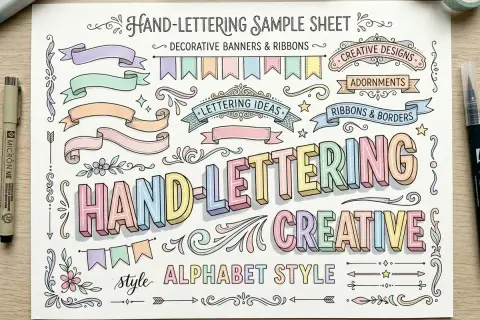 Hoja de muestra de lettering con ideas de letras para títulos, adornos, cintas y bordes en estilo alfabeto.