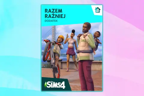 The Sims 4 Razem Raźniej: rodzina cieszy się wspólnym czasem na świeżym powietrzu, dziecko na rowerze, rodzice z maluchem w nosidle.