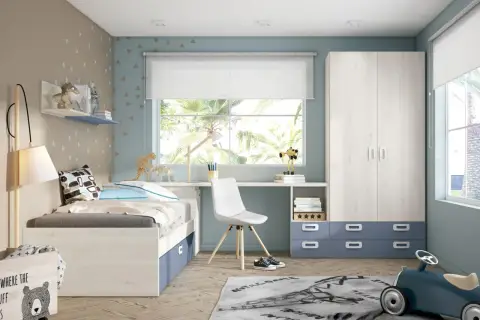 Habitación juvenil con cama, escritorio y armario. Ideas de pintura y decoración con dinosaurios y un coche de juguete.