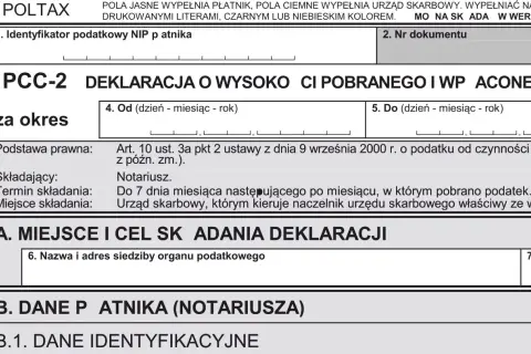 Deklaracja PCC-2 dotycząca podatku od kupna mieszkania. Formularz wypełnia notariusz.