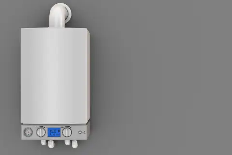 Nowoczesny piec gazowy z wyświetlaczem wskazującym temperaturę 49°C. Urządzenie pracuje w trybie eco, co sugeruje efektywne wykorzystanie energii i minimalizację kondensacji w piecu gazowym.