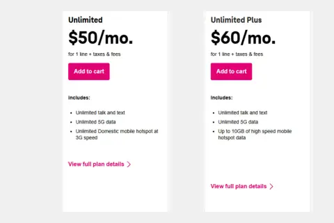 Porównanie planów T-Mobile: Unlimited za $50/mies. (nielimitowany internet 5G, hotspot 3G) i Unlimited Plus za $60/mies. (nielimitowany internet 5G, 10GB szybkiego hotspotu). Idealne dla eSIM.
