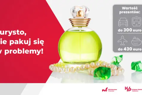 Flakon perfum, naszyjnik z pereł i zielone kamienie obok ikonek pojazdów i limitów euro.