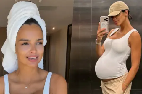 Klaudia El Dursi w ciąży, z ręcznikiem na głowie i w białej bluzce, a obok selfie z widocznym brzuszkiem ciążowym.