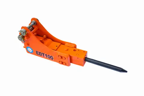 Pomarańczowy młot hydrauliczny do koparki, model EDT100, gotowy do kruszenia betonu i skał.