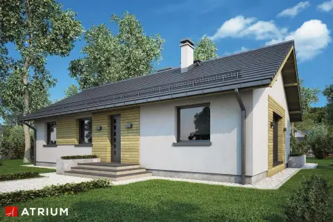 Nowoczesny dom jednorodzinny, projekt domu Aurora, z białym tynkiem, drewnianymi elementami i szarym dachem.