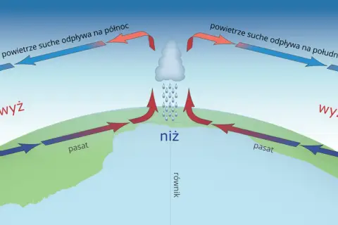 Schemat pokazuje, jak powstaje wiatr: ciepłe powietrze unosi się w niżu, ochładza, a następnie odpływa w wyżach. To cyrkulacja powietrza tworzy wiatry.