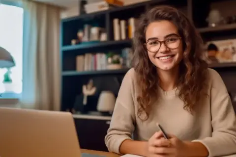 Lächelnde junge Frau mit Brille lernt am Laptop. Sie nutzt die Zeit für ein Bildungsurlaub Fernstudium, um sich weiterzubilden.