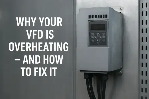 A VFD motor overload fault can cause overheating. This image shows a VFD unit and text explaining why your VFD is overheating and how to fix it.
