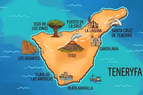 Mapa Teneryfy, gdzie leży, z zaznaczonymi atrakcjami: Teide, Los Gigantes, Puerto de la Cruz, La Laguna, Santa Cruz.