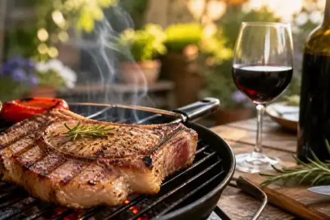 Un succulent steak grillé, des légumes rôtis et un verre de vin rouge. Parfait pour une soirée grillade.