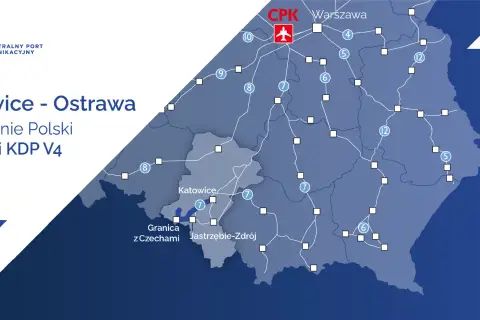 Mapa przedstawia połączenie kolejowe Katowice - Ostrawa, włączając Polskę do sieci KDP V4.