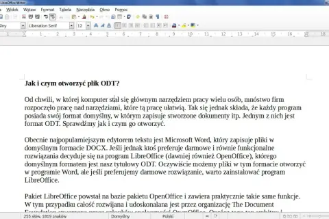 Otwieranie pliku ODT w LibreOffice Writer. Program ten, dawniej znany jako OpenOffice, oferuje darmowe i funkcjonalne rozwiązanie do pracy z dokumentami.