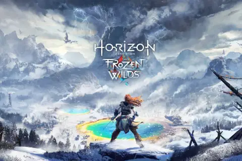 Aloy na tle mroźnego krajobrazu z gorącymi źródłami. Tytuł "Horizon Zero Dawn: The Frozen Wilds" zapowiada dodatek.