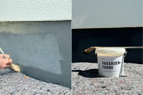 Beim **Haussockel streichen** wird die Fassadenfarbe mit einem Pinsel aufgetragen. Ein Eimer mit "FASSADEN-FARBE" steht bereit.
